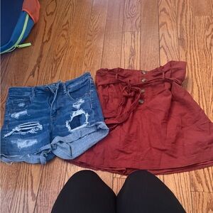 American Eagle Outfitters Blue Distressed Jean Shorts and Red Button-Up Skirt